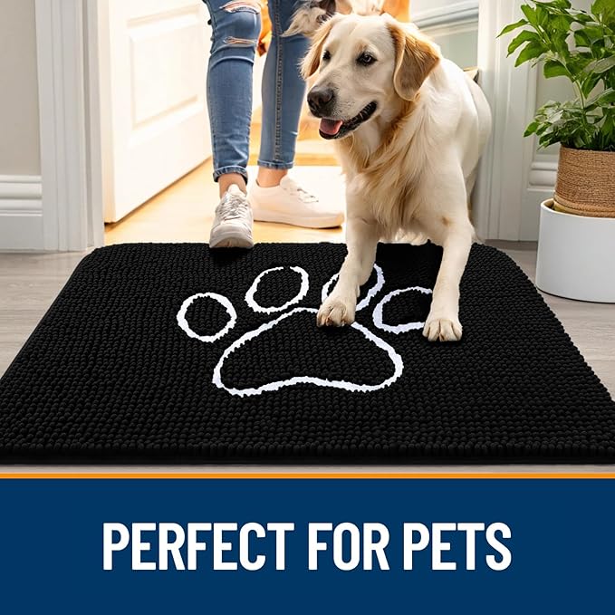 OLANLY Door Mat for Muddy Dog Paws 47x32, Ultra Absorbent Chenille Mud Doormat with Paw Print Design, Non-Slip Washable Doormat for Indoor Entryway, Quick-Dry Pet Bed Mats for Dirty Dogs, Black