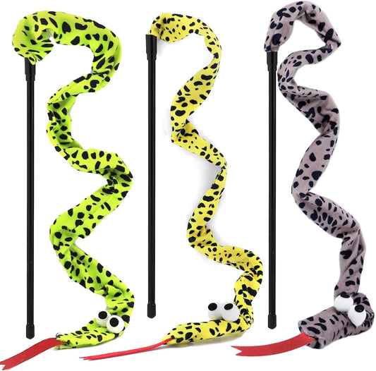 Interactive Cat Toy Wand with Catnip Mouse, Cat Teaser Wand Rainbow String for Bored Indoor Adult Cats and Kittens (3 Pack Snake)