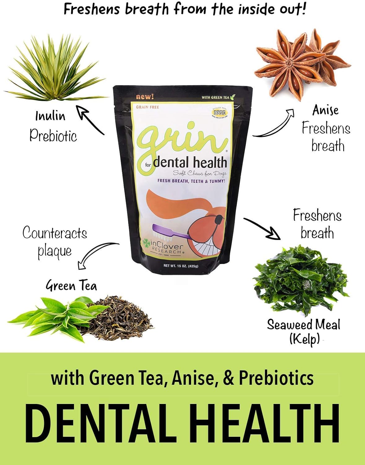 In Clover Grin Daily Dental Care Chews for Dogs, Grain Free Formula for Clean Teeth and Fresh Breath, Scientifically Formulated, Stop Plaque and Tartar with Antibacterials and Prebiotics, 4oz/25ct