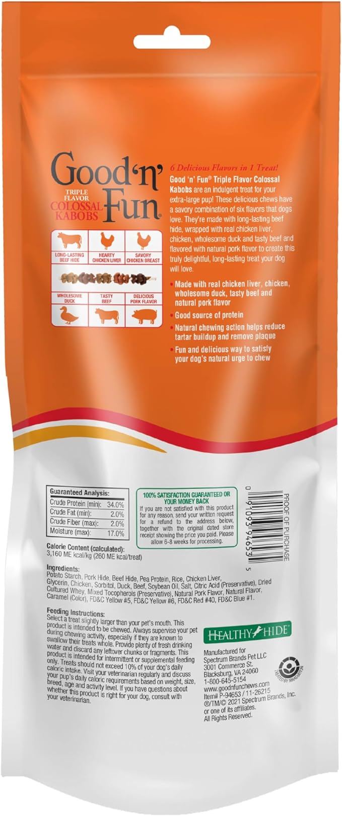 Good 'n' Fun Triple Flavor Colossal Kabobs, 3 Count, Treat Extra-Large Dogs to Long-Lasting Rawhide Chews