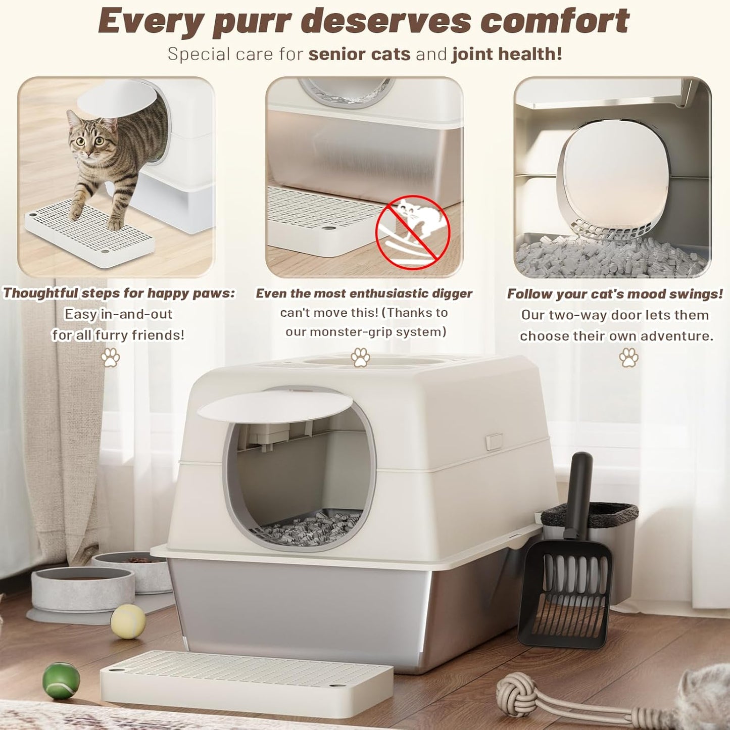 Extra Large Enclosed Stainless Steel Cat Litter Box Enclosure with Lid, Front Dual-Door and Top Exit Metal Cat Litter Pan Box for Big Cats, with Litter Scoop,Box Step, Waste Bin & Trash Bags, White