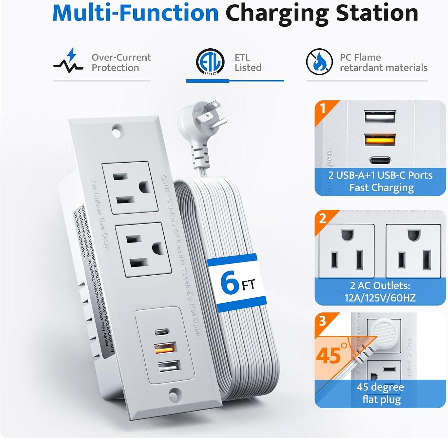 DOACE Recessed Power Strip with 18W USB C Fast Charging Conference Recessed Outlet,Space-Saver for Furniture Side Table,2 AC Outlets,3 USB Ports,6ft Cord, 45° Thin Flat Plug, White