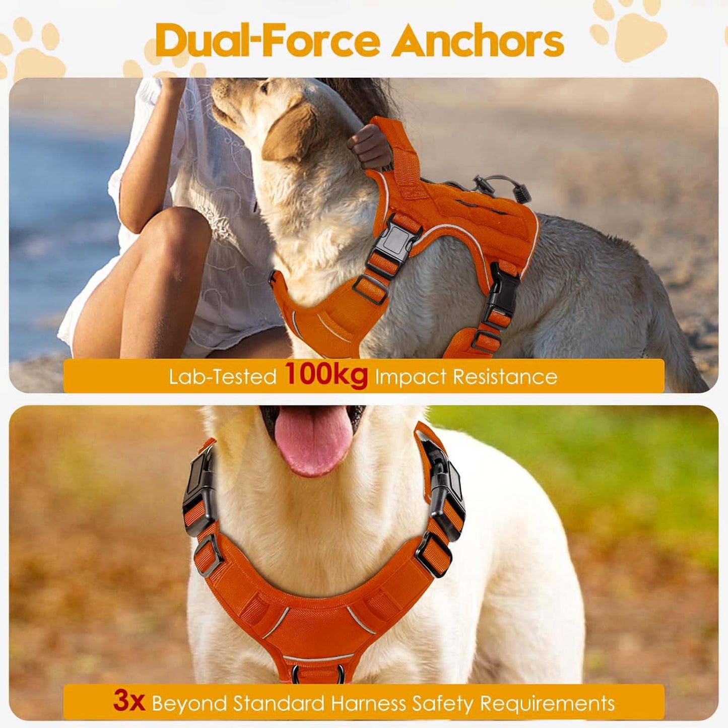 Heavy-Duty Tactical Dog Harness for Large Dogs, No Pull Adjustable Reflective Pet Vest with Molle System, K9 Military-Grade Control for Service Training, Outdoor & 10+ Breeds, Orange, Medium