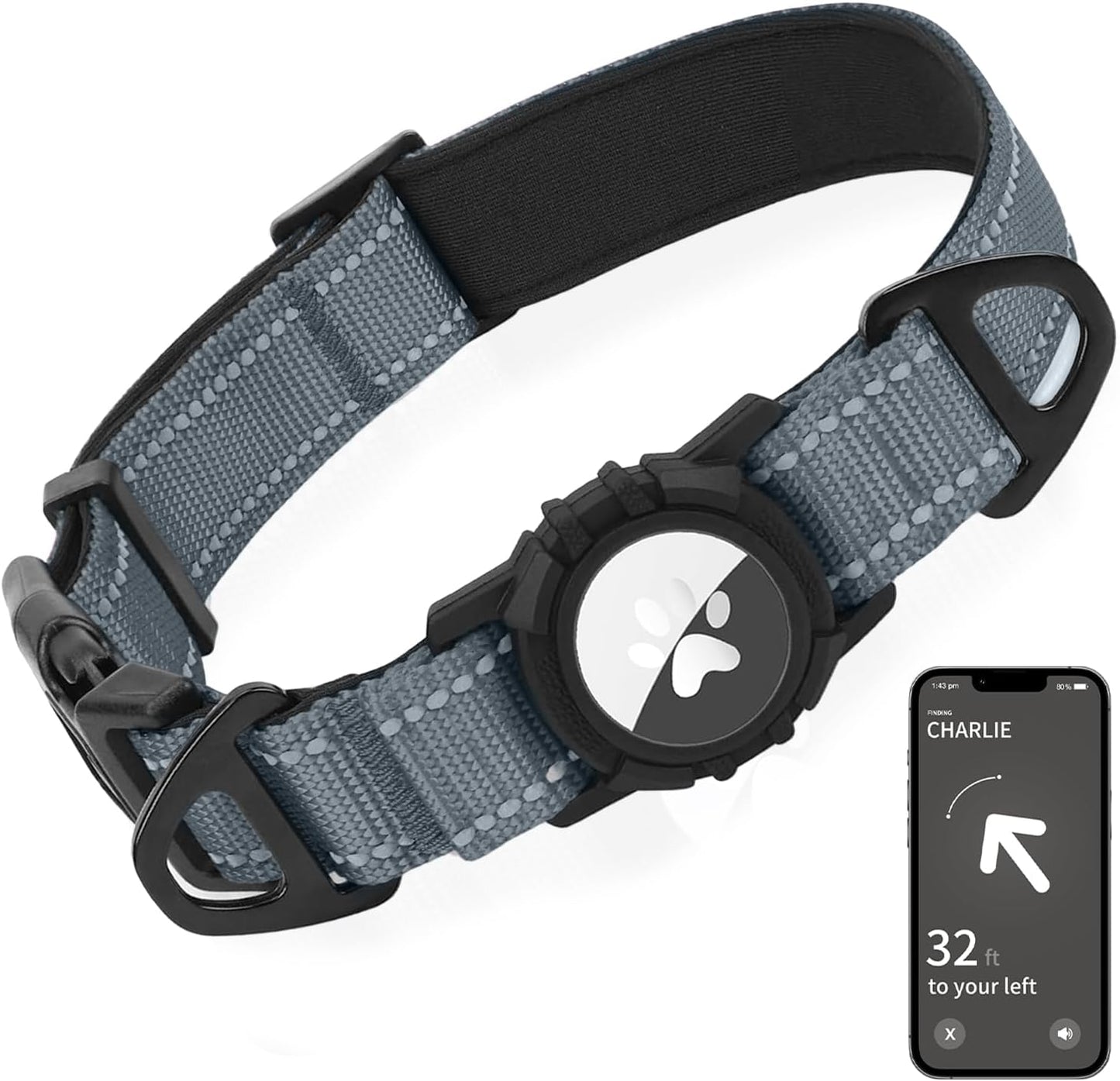 Joytale Airtag Dog Collar, Reflective Pet Collar with Waterproof AirTag Holder, Dual D-Rings, Soft Padded Adjustable for Large Dogs, Gray, L