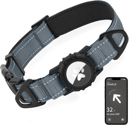 Joytale Airtag Dog Collar, Reflective Pet Collar with Waterproof AirTag Holder, Dual D-Rings, Soft Padded Adjustable for Small Dogs, Gray, S
