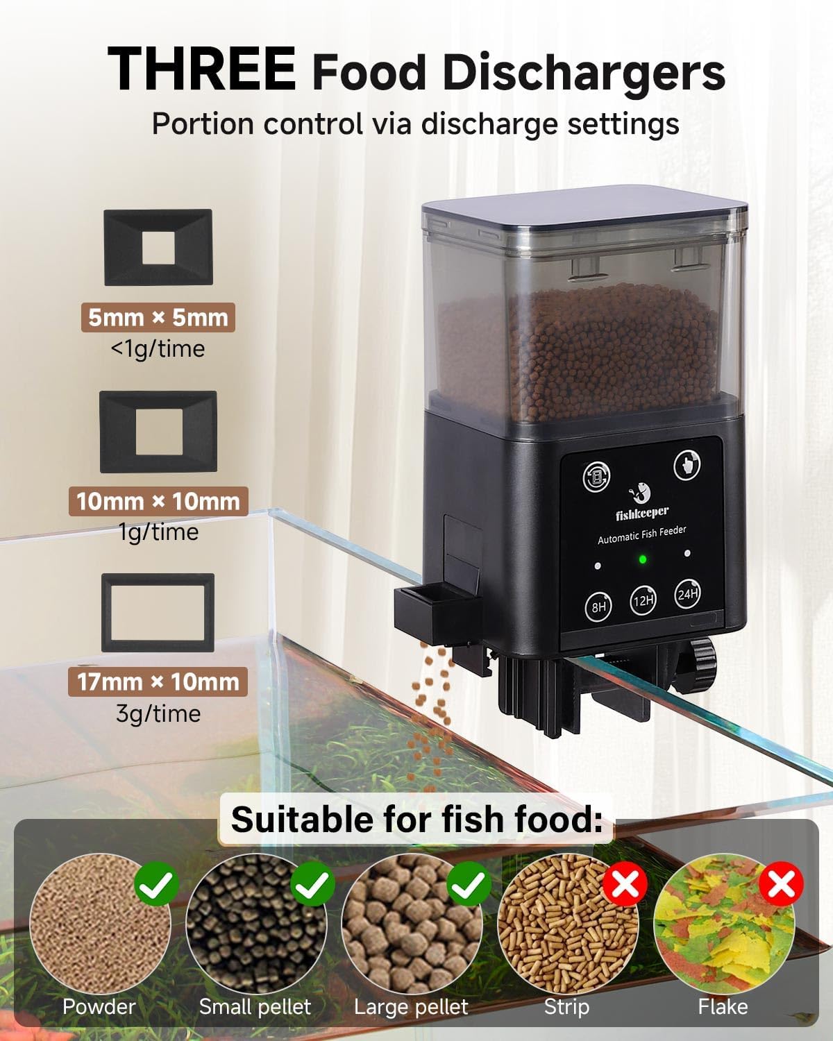 fishkeeper Automatic Fish Feeder for Aquarium - 320ML Large Capacity Adjustable Fish Feeder Automatic Dispenser with Timer for Vacation, Weekend or Daily Use, Three Fixed Methods