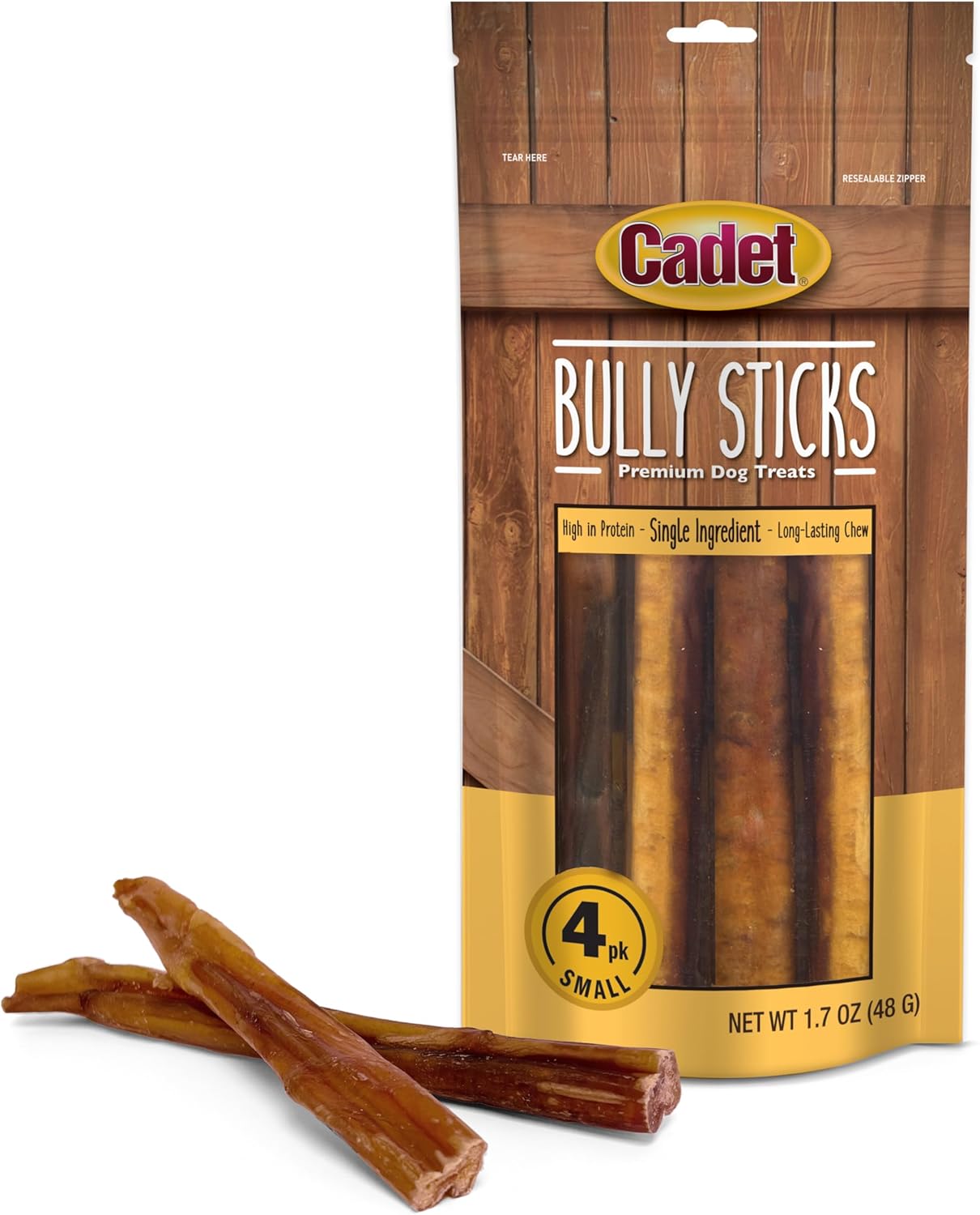 Cadet Bully Sticks for Small Dogs, All-Natural Beef Pizzle, Rawhide-Free Long-Lasting Dog Chews for Aggressive Chewers, 4 Count