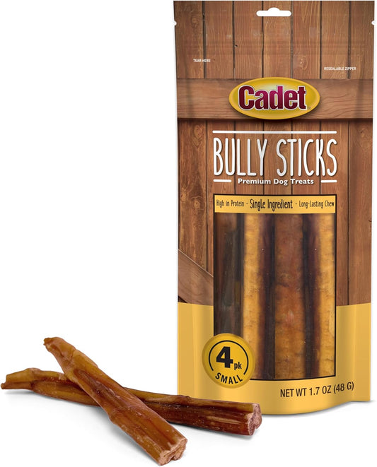 Cadet Bully Sticks for Small Dogs, All-Natural Beef Pizzle, Rawhide-Free Long-Lasting Dog Chews for Aggressive Chewers, 4 Count