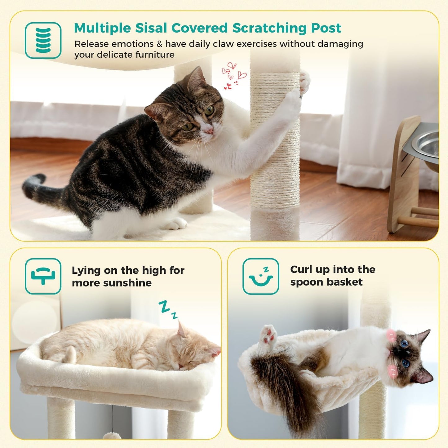 PAWZ Road Cat Tree, 56 Inches Tower Condo with Large Top Perch & Hammock, Cat Tower with Scratching Posts for Indoor Cats，Beige