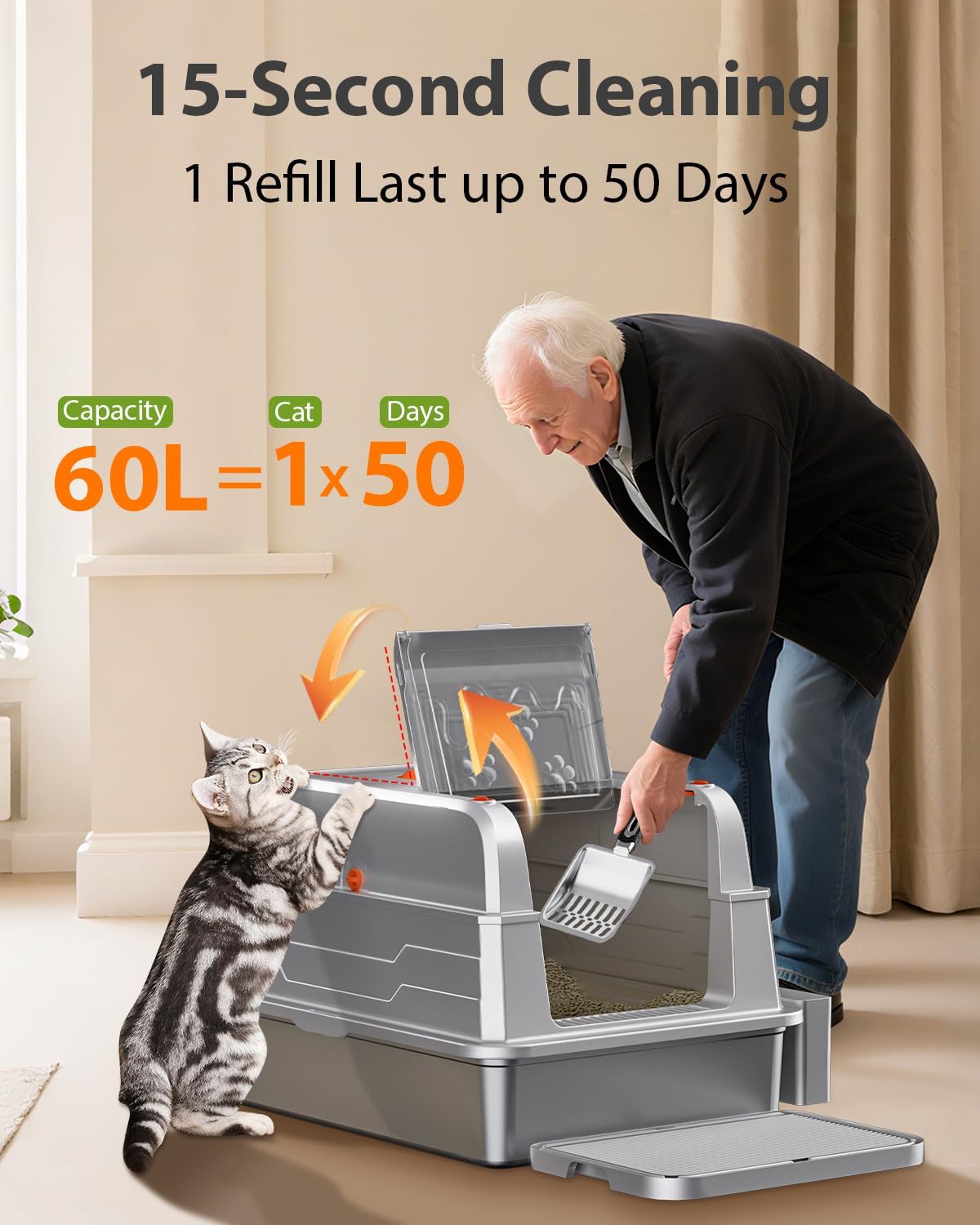 CATLIKE 2025 Upgrade 152L XXXL Stainless Steel Cat Litter Box - 3-Layer Urine Leak-Proof, Enclosed Design w/Charcoal Filter for Maine Coon & Multi-Cat Homes, Includes Metal Scoop & Mat