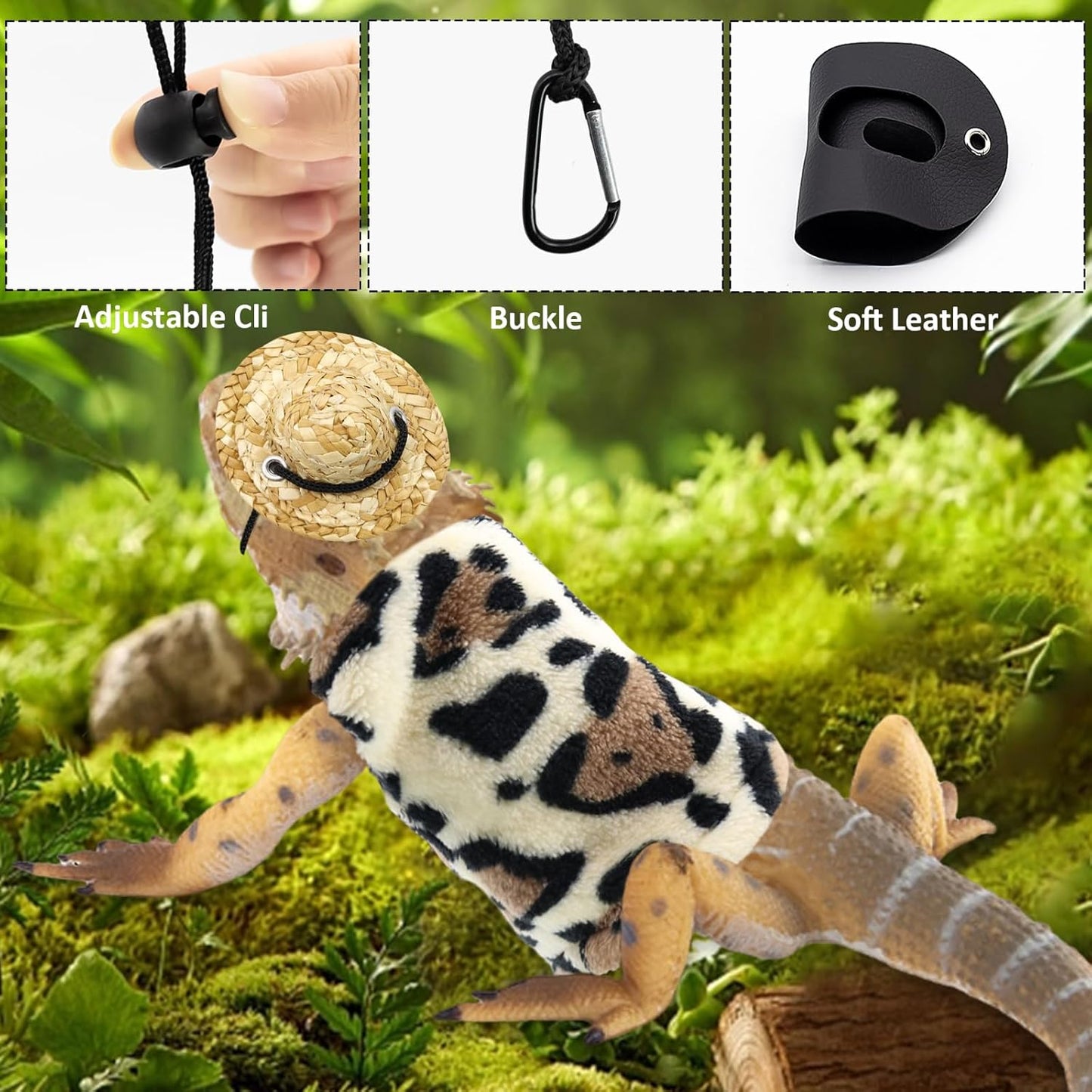 Bearded Dragon Leash and Harness Set, Bearded Dragon Accessories(Include Leopard Print Chest Pack, Lizard Clothing＆Leash, Small Straw Hat), Beardeds Dragon Decor Suit for Outdoor Travel