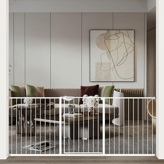WAOWAO Triple Lock Baby Gate Extra Wide 76.77-81.49" Pressure Mounted Walk Through Swing Auto Close Safety White Metal Dog Pet Puppy for Stairs,Doorways,Kitchen