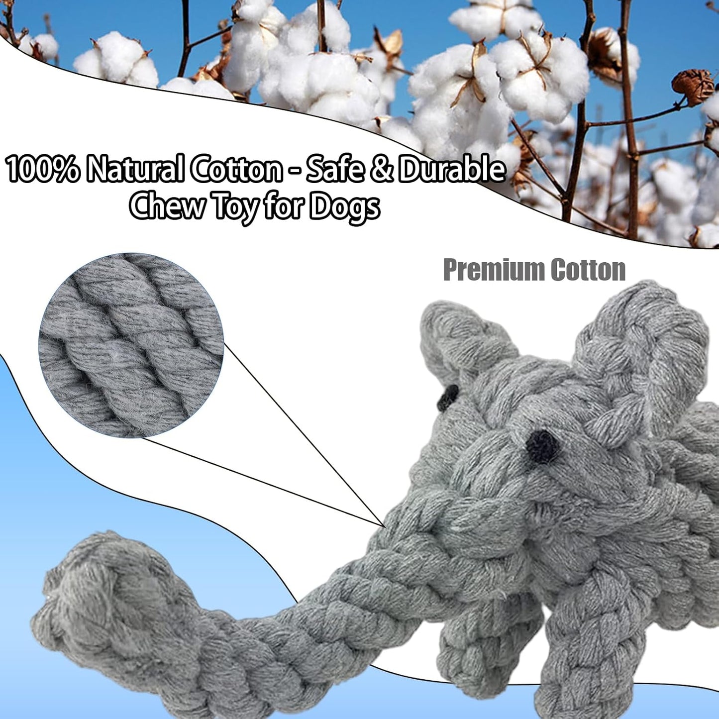 ADUCK Puppy Dog Rope Toy for Teeth Cleaning, Chew-Proof Dental Care & Training Reward | Durable Cotton Heather Gray Elephant for Small & Medium Dogs