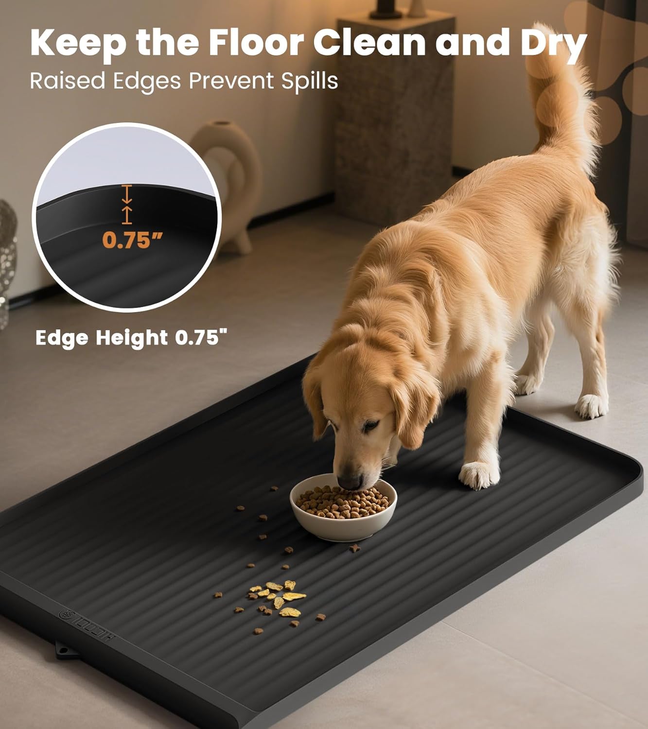 Dog Food Mat 36"x24", Waterproof Pet Feeding Mat with Diversion Grooves and Raised Edges, Large Non-Slip Dog Bowl Mat for Food and Water, Cat Food Mat for Floors, Easy to Clean, Black