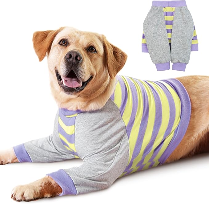 FUAMEY Dog Recovery Sleeve with Elbow Protector,Dogs Shirt Stop Licking Joints,Pet Long Sleeve Suit Protecting Dog's Front Leg Arm Wounds Cover Skin Conditions Purple Stripes 2XL