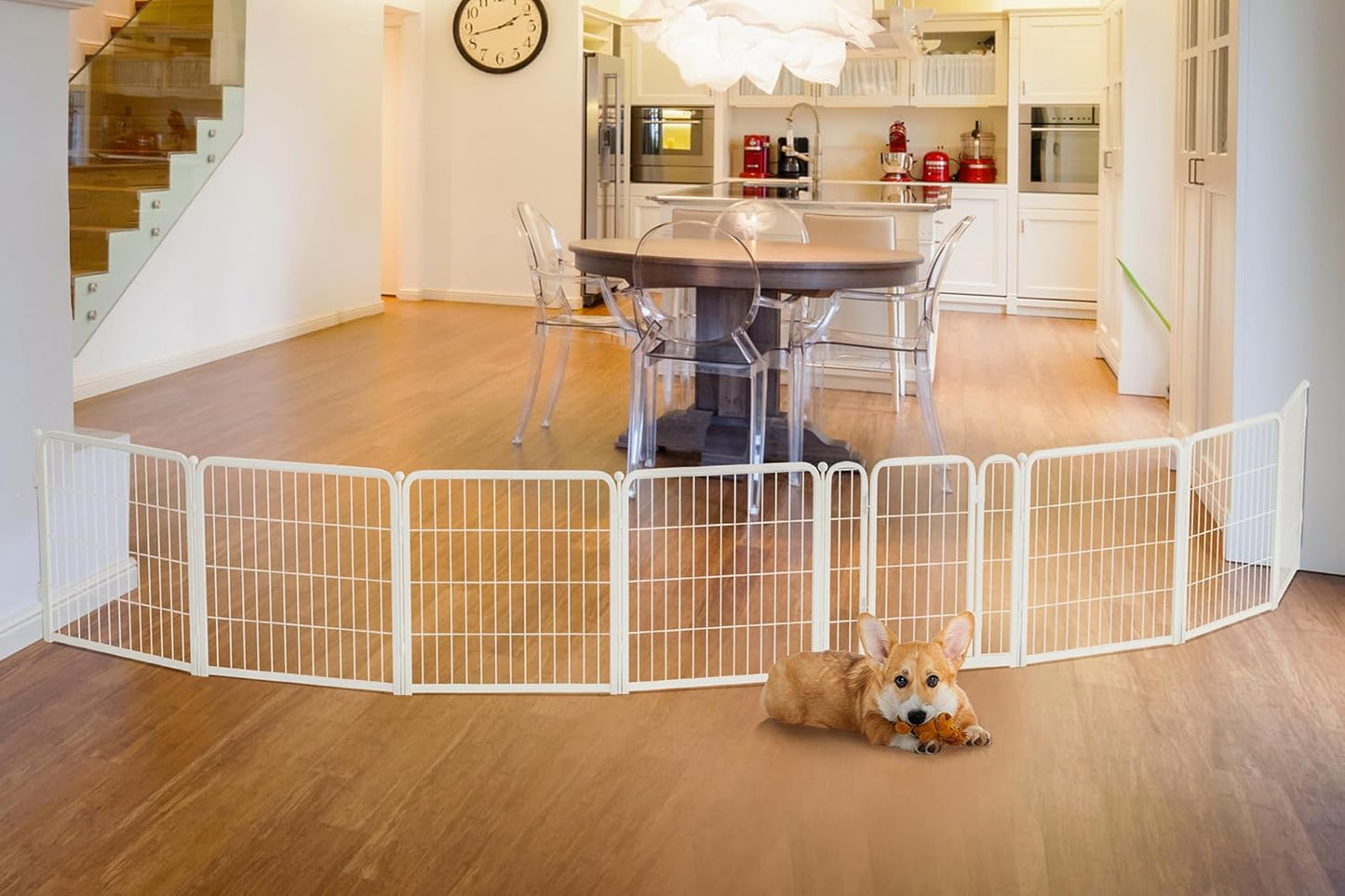 FXW Dog Gate Extra Wide Designed for Indoor Use, Adjustable Width Up to 183-inch Wide (24" H 8 Wire Panels for Puppies and Small Dogs), White