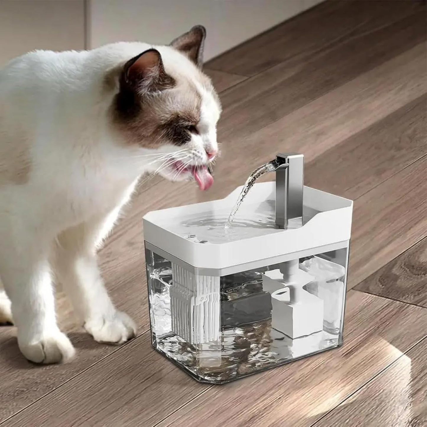 Plastic Cat Water Fountains Transparent and Visible Tank,50.7Oz/1.5L Cat and Dog Drinking Bowl Water Foutain Indoor Easy to Clean Small Pet Water Fountain with Quiet Pump White