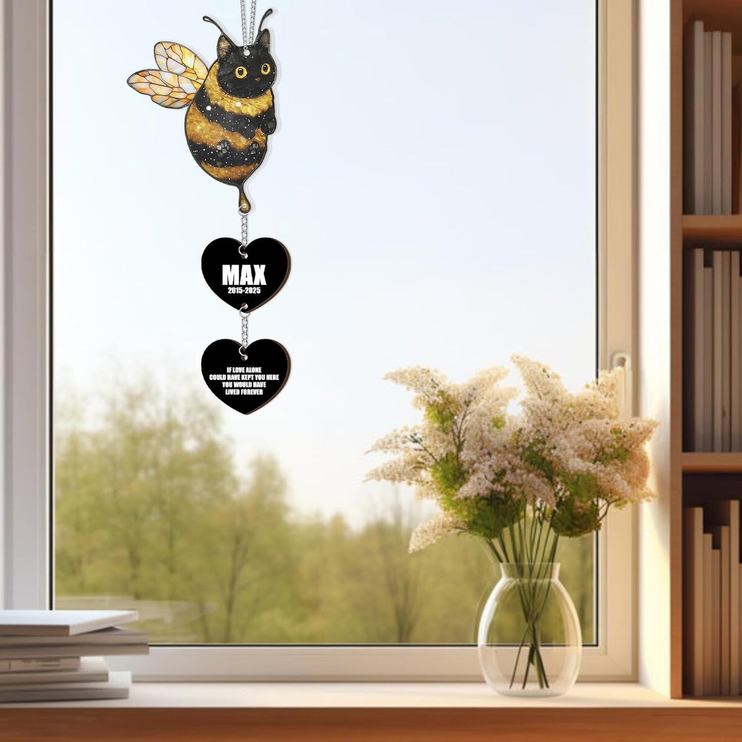Custom Black Cat Bumble Bee Acrylic Suncatcher |Cat Loss Sympathy Gift | Customized Pet Memorial Suncatcher with Charms | Custom Pet Memorial Gifts| Best Gifts for Your Beloved Cats Passed Away