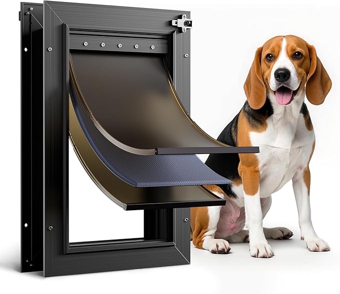 Dog Door For Door All Aluminum 3 Flaps, Medium Doggy Doggie Door, Cat Door Black, Heavy Duty Pet Door for Dogs Cats, With Insulation Flap, Telescoping Tunnel, Sliding Closing Panel, for Pet Up to 45lb