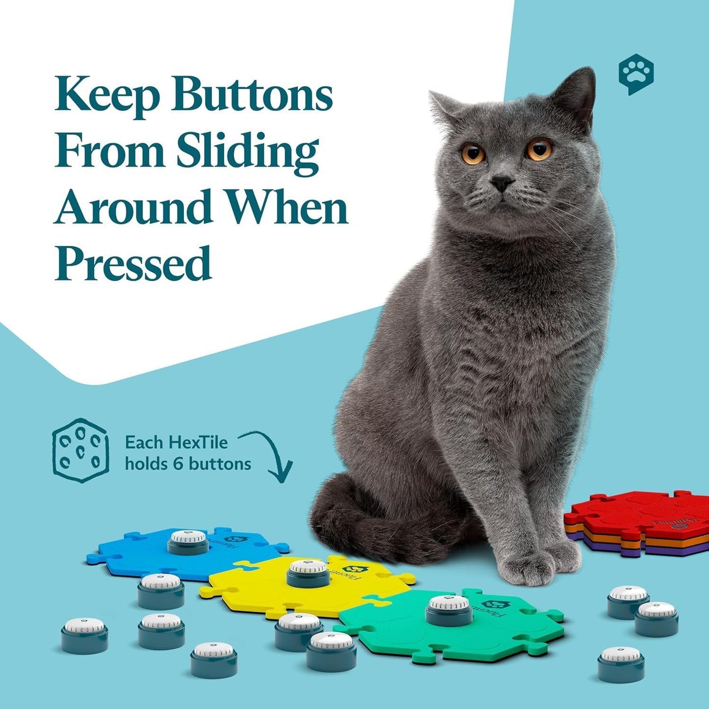 FluentPet Speak Up! Key Vocab Kit with Clearer Upward-Facing Sound - 12 Recordable Buttons w/Pre-Installed Batteries, 6 HexTile Button Mats - Training Dog & Cat Communication Buttons