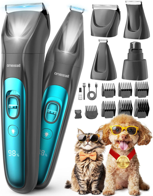 oneisall Quiet Dog Clippers for Grooming LED Light, Cordless Dog Grooming Kit 4 in 1, 2000mAh Pet Clippers Paw Trimmer Nail Grinder for Paw, Nail, Face, Ears, Legs, Body
