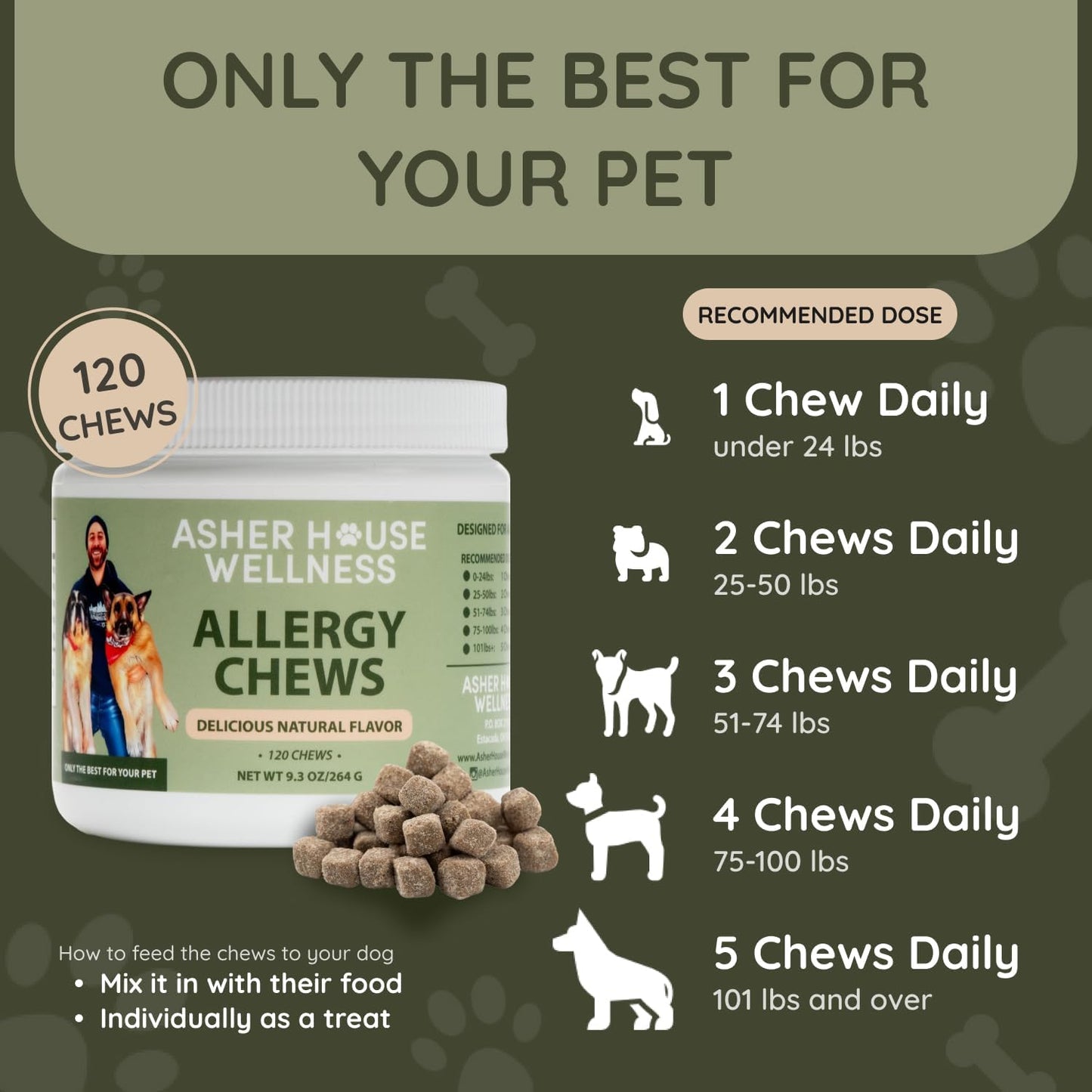 Asher House Wellness Dog Allergy Chews - All-Natural Itchy Skin Relief for Dogs with Bee Pollen, Colostrum - Licking Paw Treatment, Allergy Medicine for Dogs Over 12 Weeks, 120 Chews