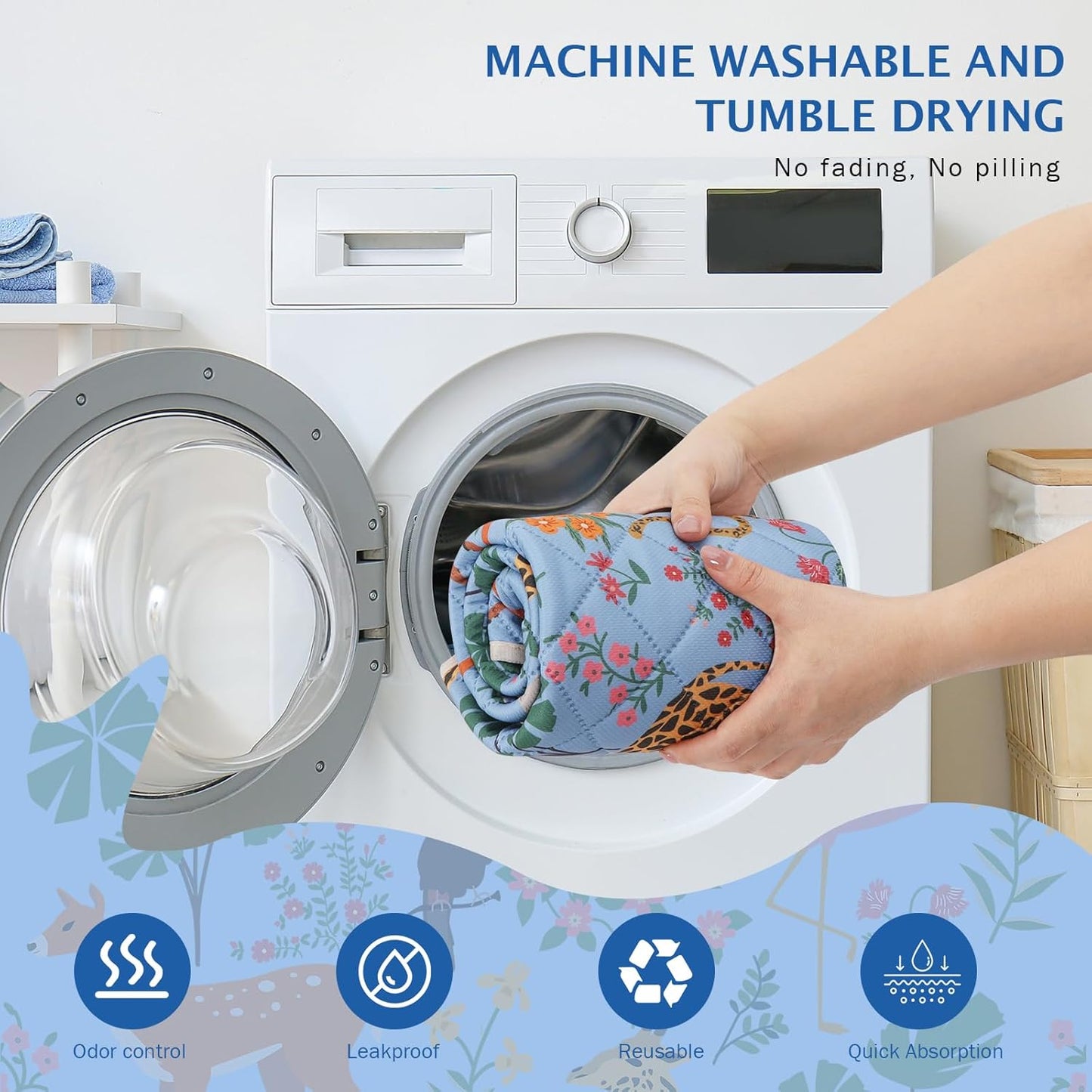 IEUUMLER Washable Pee Pads for Dogs, 1 Pack Forest Pattern Reusable Waterproof Puppy Pads, Non-Slip Super Absorbent Dog Training Pad for Playpen Crate Bed EU013 Blue Jungle, 48x48