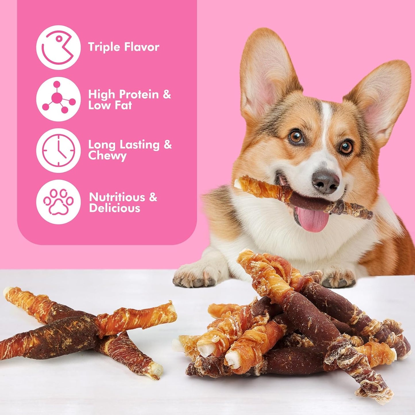 Dog Treats, Triple Flavor Rawhide Sticks, Chicken Duck and Chicken Liver Wrapped Rawhide Dog Chews, Suitable for Medium and Small Dogs, 10.58 oz