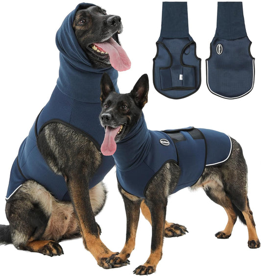 Dog Anxiety Vest with Hood, Skin-Friendly Thunder Jacket for Dogs, All-in-One Dog Calming Shirt with Hood for Thunder, Fireworks, Separation - Keep Pet Calm Without Medicine, Dark Blue, L