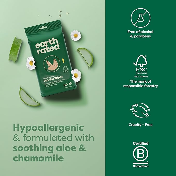 Earth Rated Vet-Developed Pet Ear Wipes, Hypoallergenic Cleaner for Dogs & Cats Ears to Remove Dirt and Wax Build Up, Wild Oat Scent, 70 Count