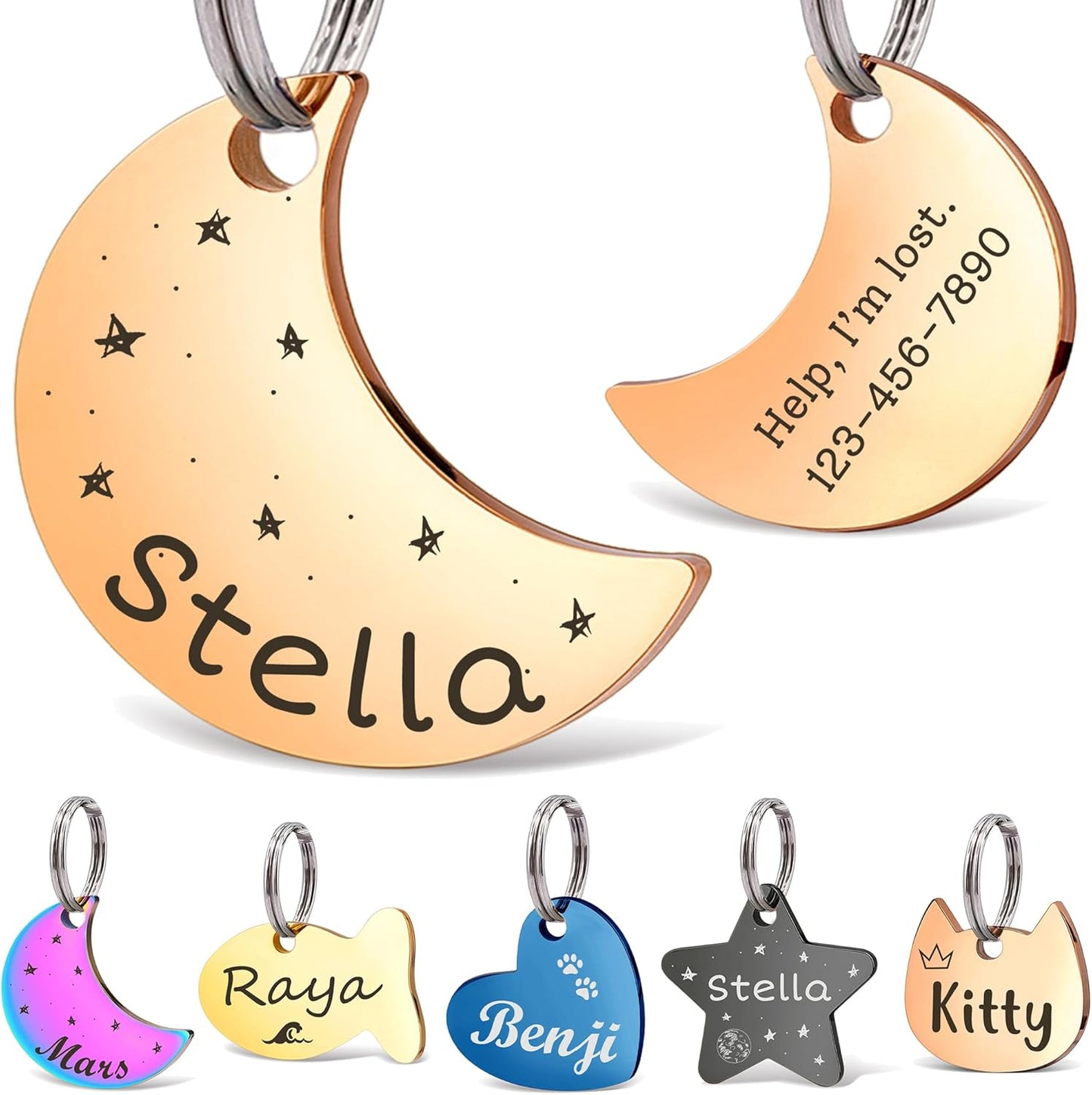 Anavia Small Size Dog Cat ID Tags, Small/XS Personalized Color Plated Stainless Steel Puppy Kitten Name Tags, Customized Engraved Nameplate Pet Collar Tag (Rose Gold, Moon)
