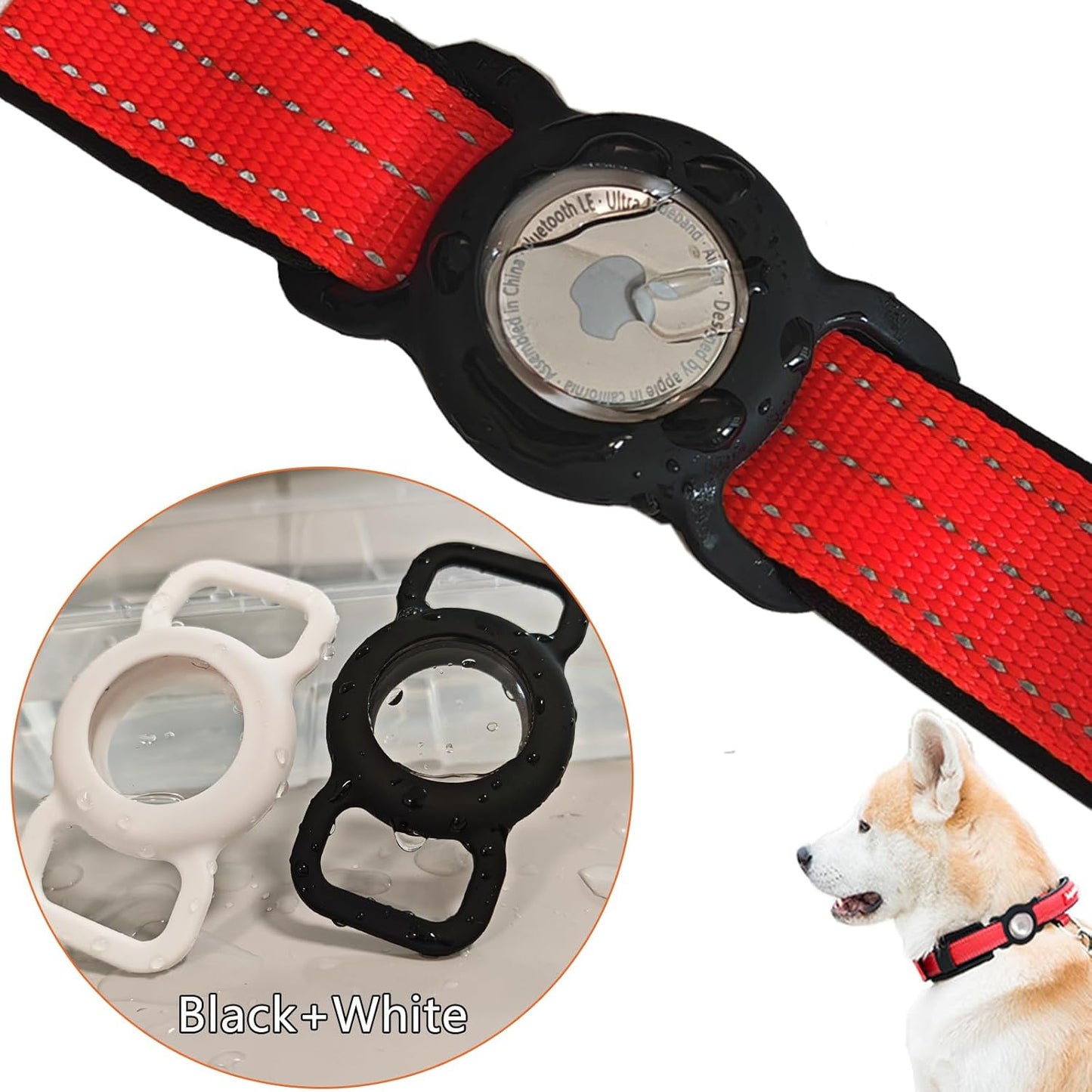 Compatible with AIRTAG,Dog Collar AirTag Holder Waterproof, 2 Pack Apple AirTag Case for Dogs,Air Tag Holder Collar for Pet Collar, Silicone Anti-Lost Airtag Full Body Protective Cover-Black+White
