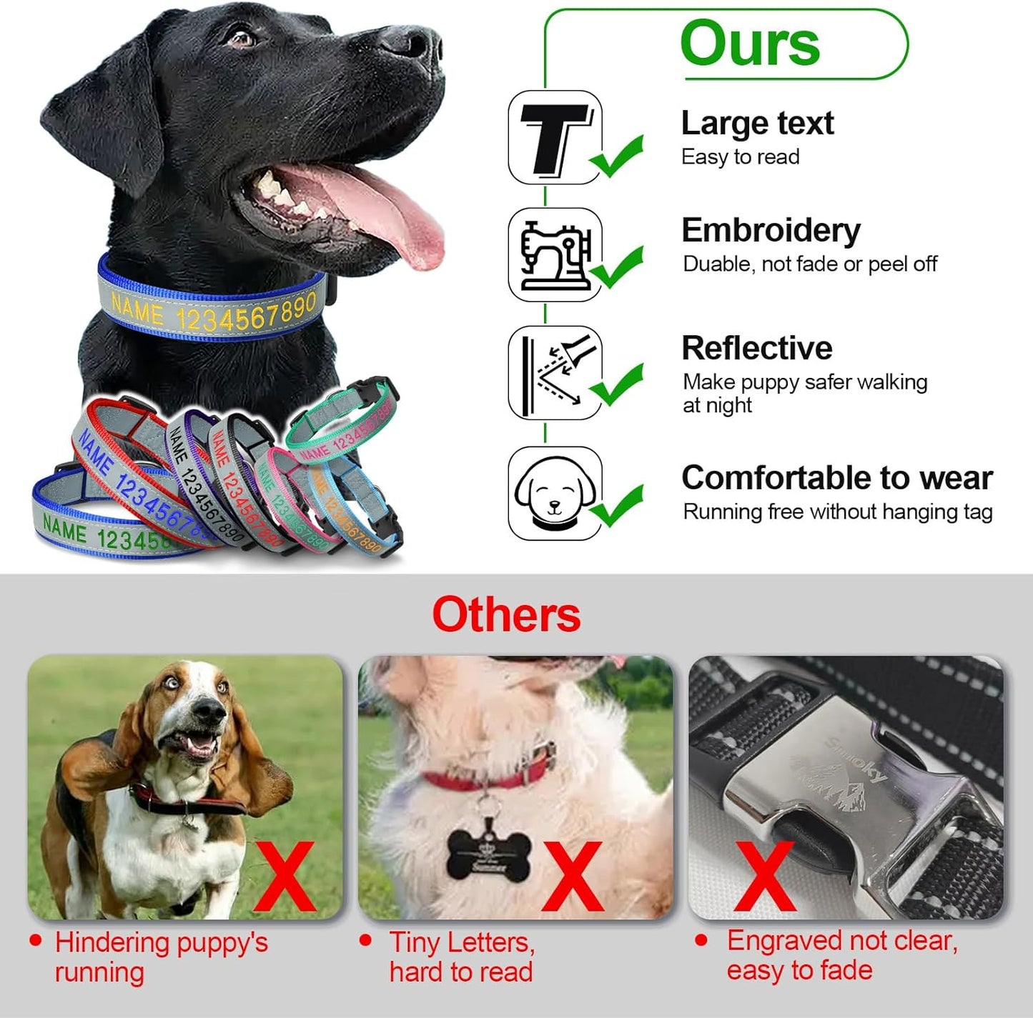 Personalized Reflective Dog Collar Embroidered with Name and Phone Number - Custom Nylon Comfortable Collar for Male, Female - Adjustable Dogs Collars for Small Dog Boy, Girl Puppy