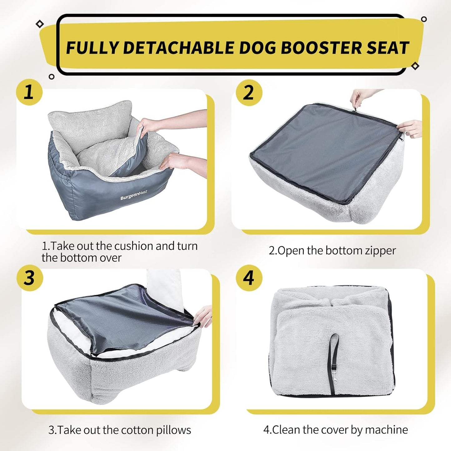BurgeonNest Dog Car Seat for Small Dogs, Washable Soft Booster Seats for Small Pets Under 25 lbs, Portable Cat Carseat Travel Bed with Storage Pockets and Clip-On Leash, Grey