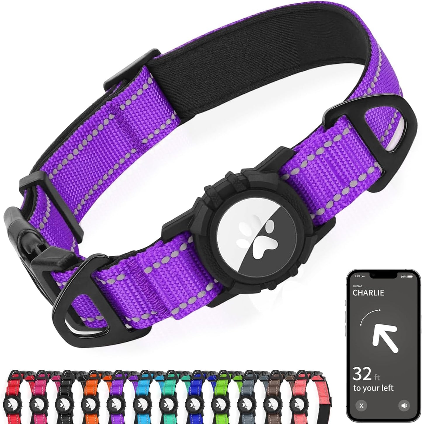 Joytale Airtag Dog Collar, Reflective Pet Collar with Waterproof AirTag Holder, Dual D-Rings, Soft Padded Adjustable for Extra Large Dogs, Purple, XL
