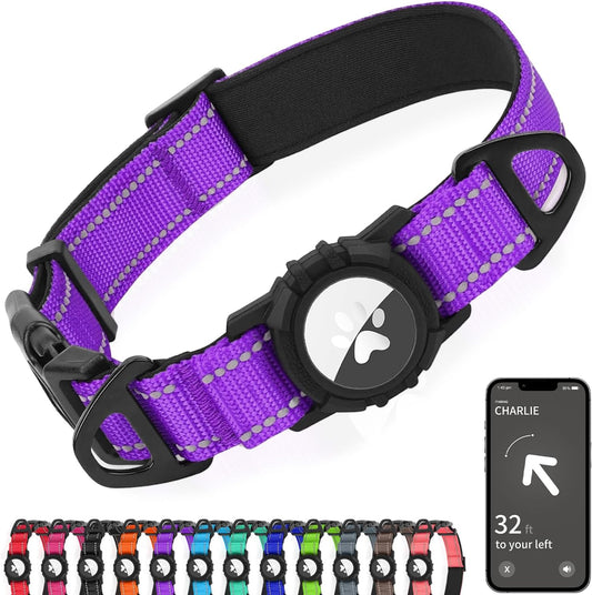 Joytale Airtag Dog Collar, Reflective Pet Collar with Waterproof AirTag Holder, Dual D-Rings, Soft Padded Adjustable for Medium Dogs, Purple, M