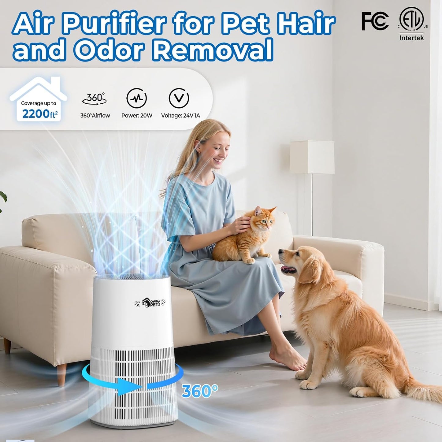 Ownpets Pet Air Purifier with HEPA and Activated Carbon Filter, 5-in-1 Washable Filter for Large Room Up to 2200 ft², Air Quality Monitor, Quiet Air Cleaner for Pet Hair Dander Odor Pollen