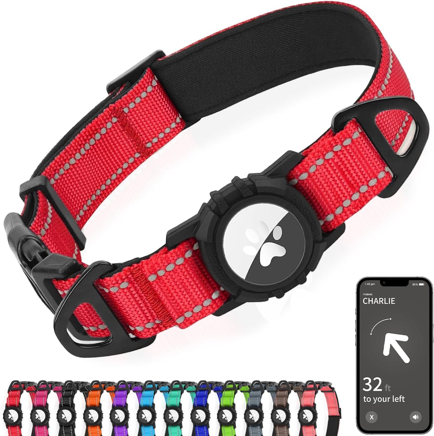 Joytale Airtag Dog Collar, Reflective Pet Collar with Waterproof AirTag Holder, Dual D-Rings, Soft Padded Adjustable for Extra Large Dogs, Red, XL
