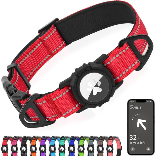 Joytale Airtag Dog Collar, Reflective Pet Collar with Waterproof AirTag Holder, Dual D-Rings, Soft Padded Adjustable for Extra Small and Puppy Dogs, Red, XS