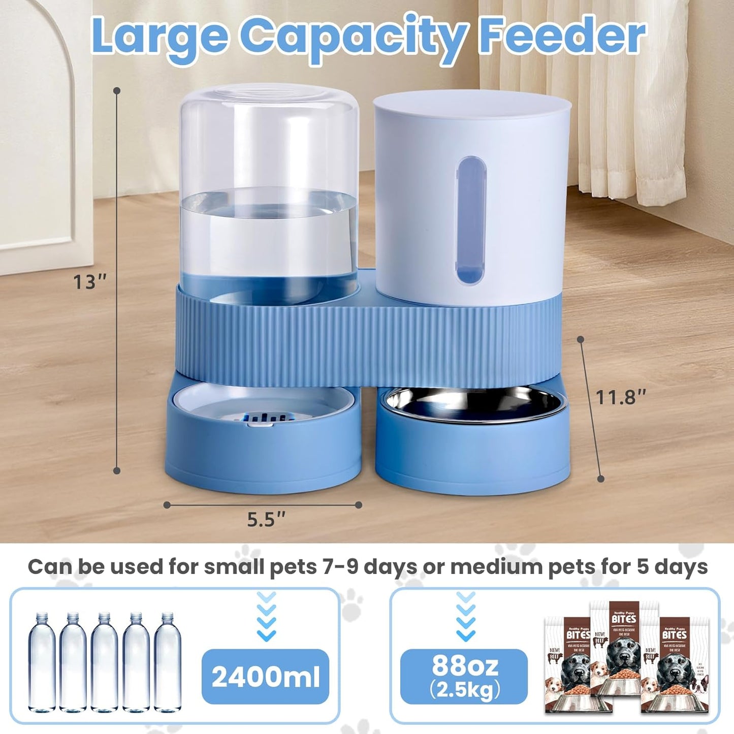 Automatic Dog Cat Water Dispenser Gravity Feeder and Water Dispenser Stainless Steel 2-in-1 Set Large Capacity Dispenser for Pets Dogs, Puppies, Kittens-Blue