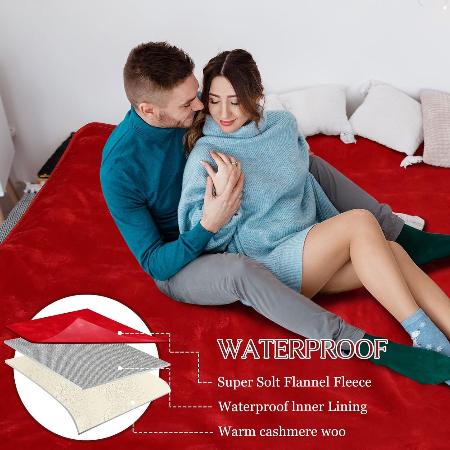 Love Red Waterproof Bed Blanket, Twin Size 80'' x 60'' Double Side Leakproof Reversible Sherpa Flannel Fleece 3 Layer Lightweight Blanket, Absorbs 50oz