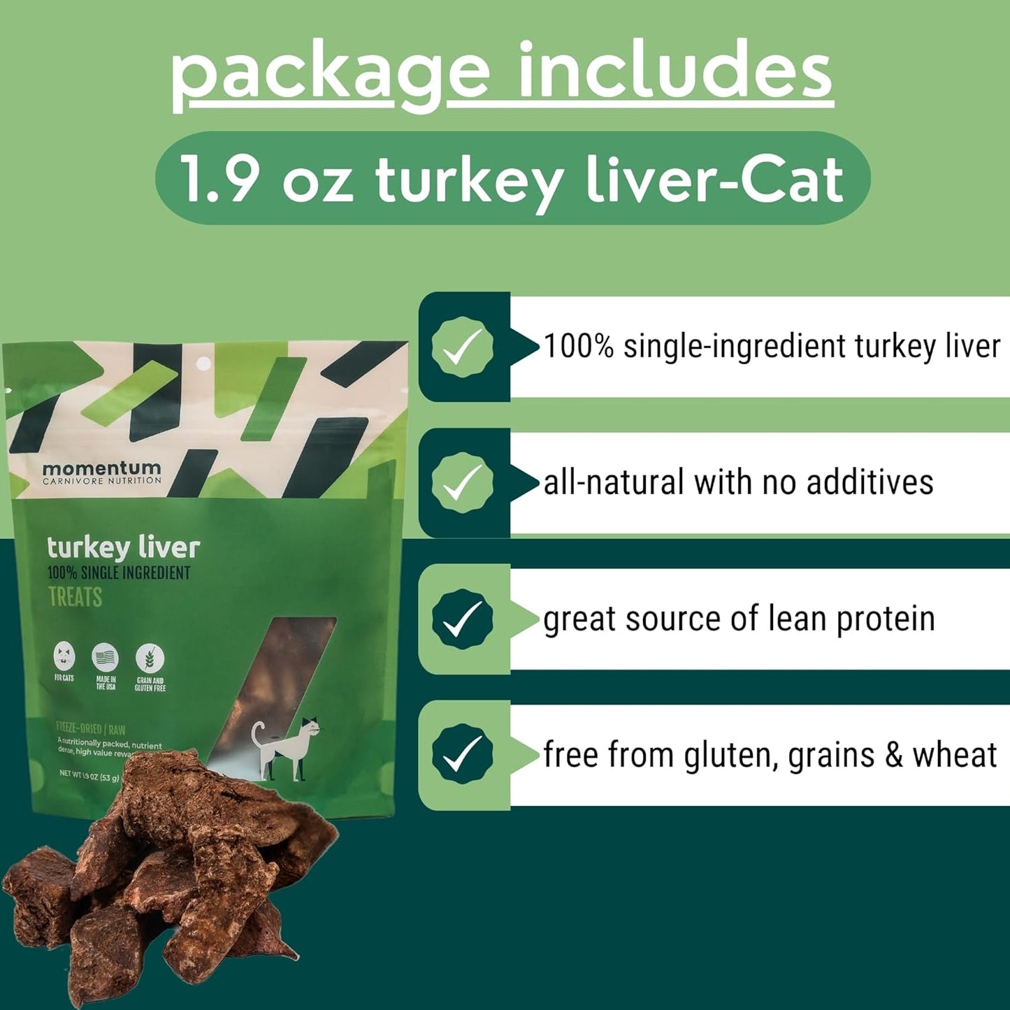 Momentum Carnivore Nutrition Freeze-Dried Turkey Liver Cat Treats – Single-Ingredient, All-Natural, Grain-Free Treats – 1.9 oz Bag