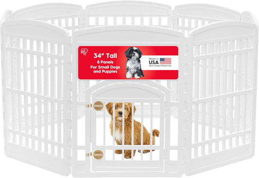 IRIS USA 34" 8-Panel Dog Playpen with Door, 63 x 63 x 35, Puppy Playpen, Dog Play Pen Indoors, Pet Fence, Puppies/Small Dogs, White
