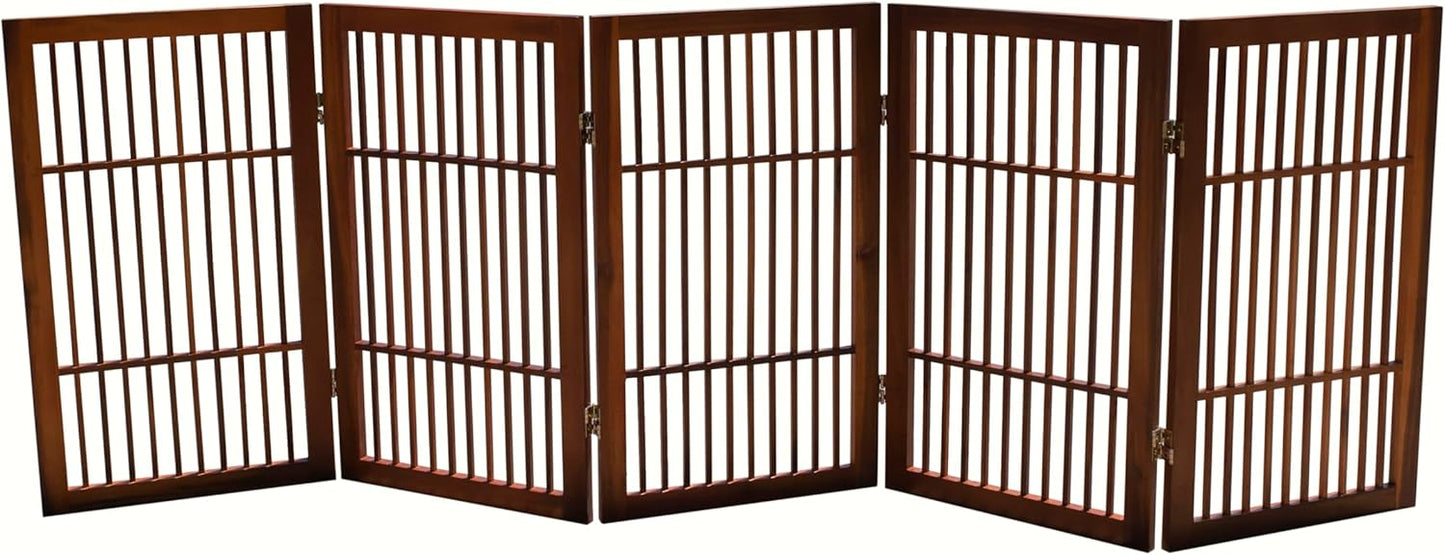 Pet Dog Gate Strong and Durable Freestanding Folding Acacia Hardwood Portable Wooden Fence Indoors or Outdoors by Urnporium (Brown Pet Gate, 5 Panel 30" Tall)
