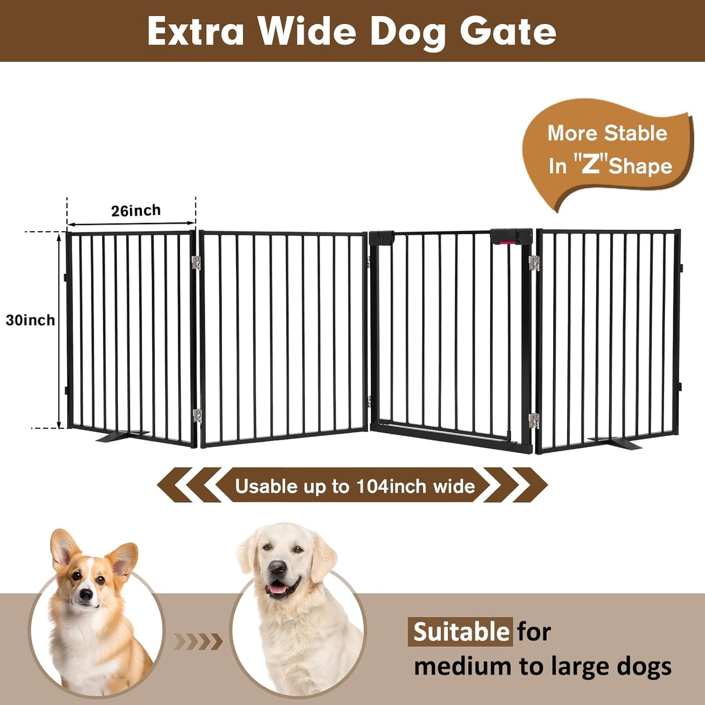 104" Dog Gate Extra Wide, Heavy Duty Metal Freestanding Dog Gate with Door for Indoor & Outdoor, Foldable Pet Fence for Doorways,House,Porch,Deck,Yard,Stairs, Auto Close(4 Panels,Black)