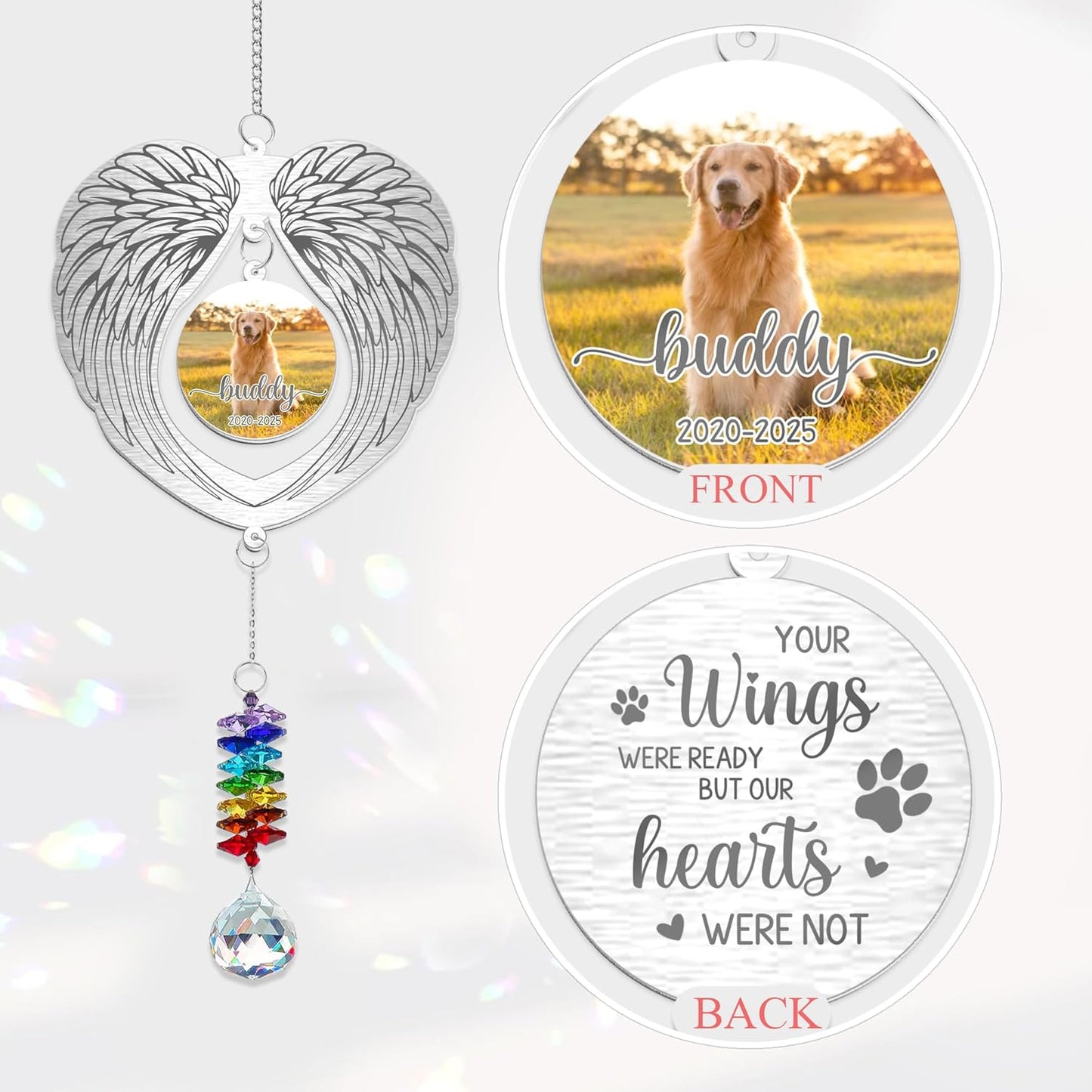 Personalized Dog Memorial Suncatcher, Pet Loss Ornament for Dog Owner - Angel Wings Frame with Custom Photo & Years - Rainbow Crystal Remembrance Gift for Christmas