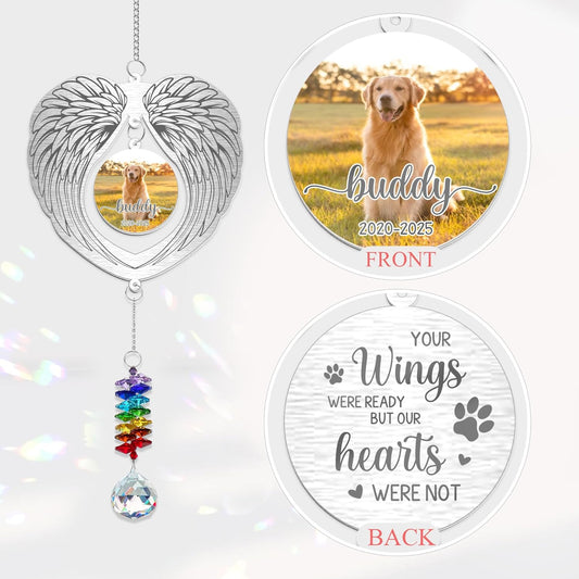 Personalized Dog Memorial Suncatcher, Pet Loss Ornament for Dog Owner - Angel Wings Frame with Custom Photo & Years - Rainbow Crystal Remembrance Gift for Christmas