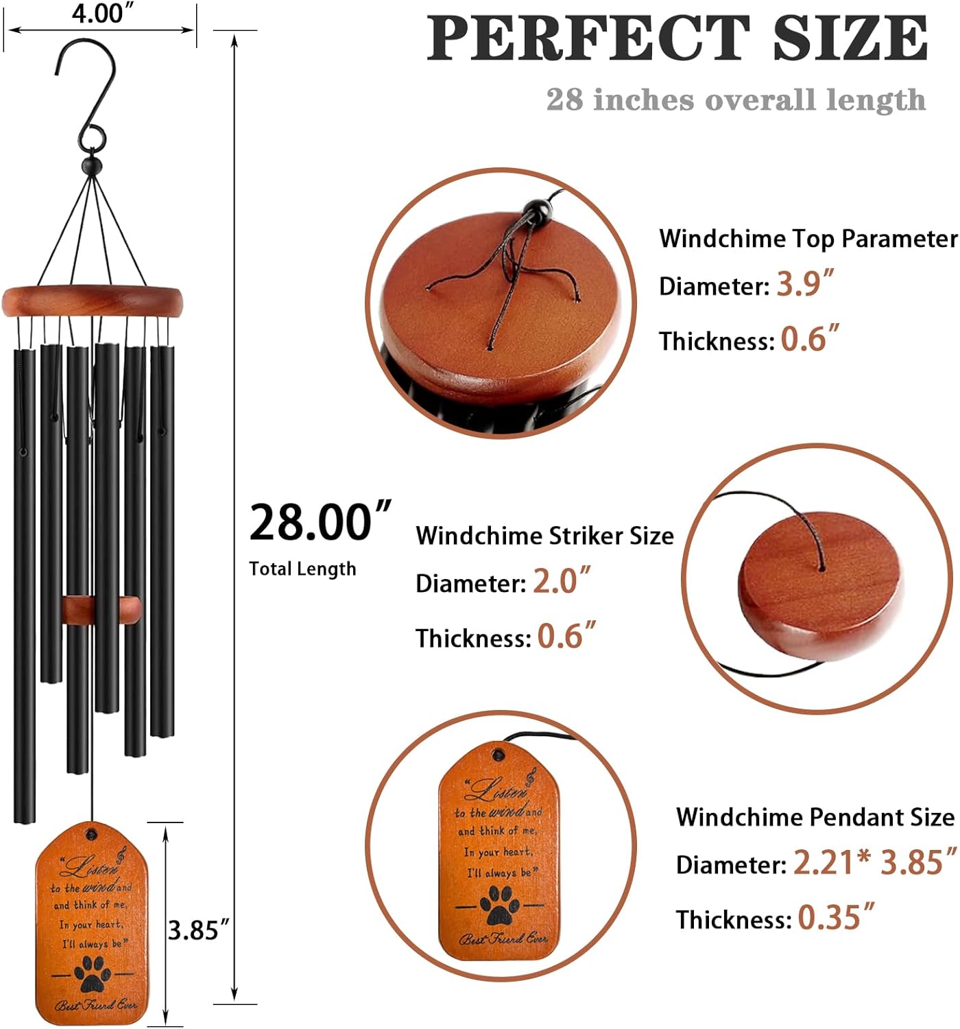 Dog Memorial Wind Chime, 28" Black Tombstone Dog Sympathy Windchime, Dog Memorial Gifts for Loss of Dog, Pet Loss Gifts, Dog Remembrance Passing Away Gift