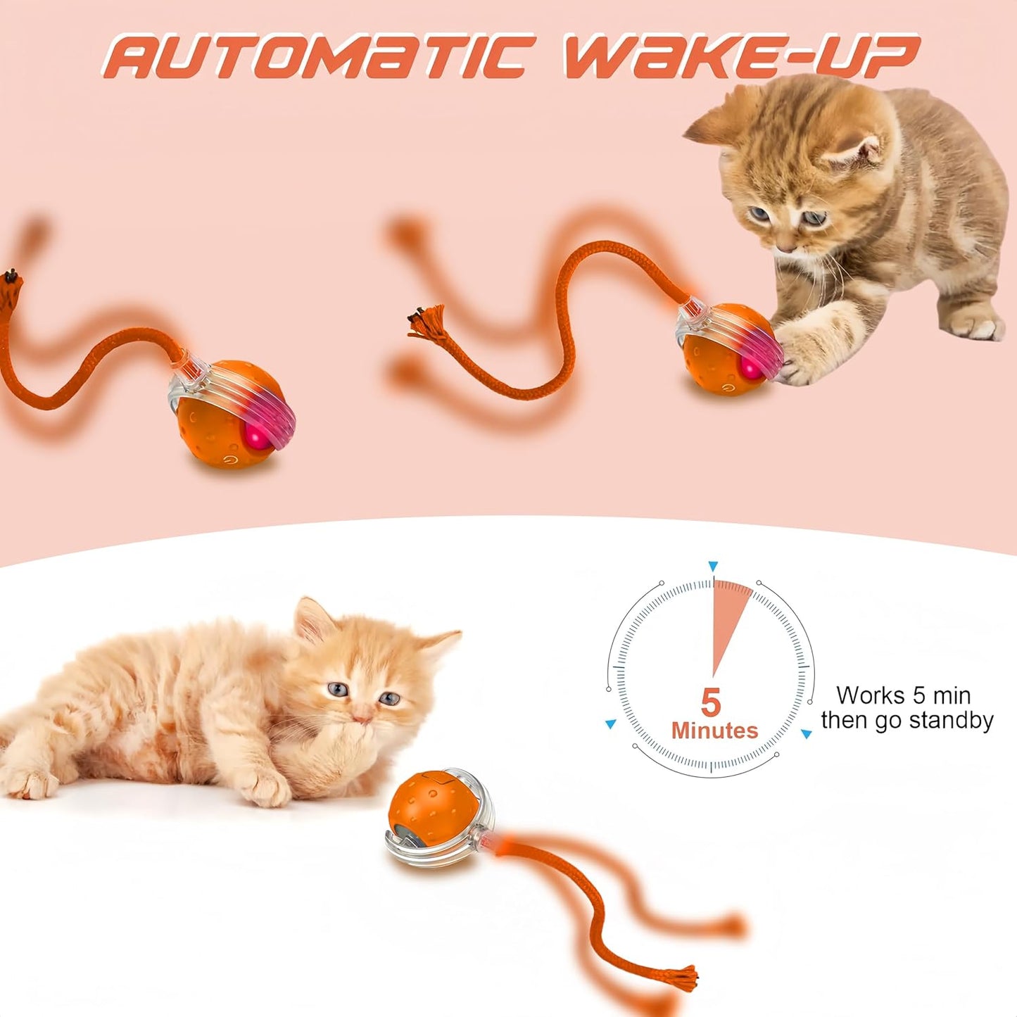 Interactive Cat Toys Ball for Indoor Cats,[2025 Newly Upgraded] Agile Moving Cat Ball with Elastic Mesh Tail,Automatic Kitten Toys for Bored Indoor Adult Cats,Motion Activated (Orange)