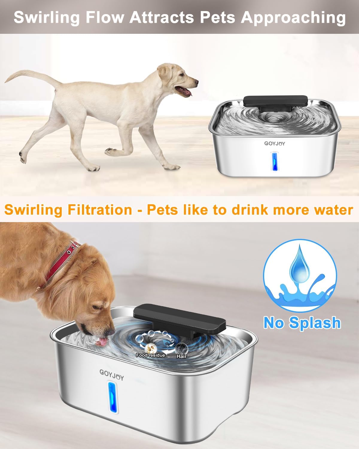 Dog Water Fountain for Large Dogs,3 Gallon Stainless Steel Dog Water Bowl Fountain,Large Pet Water Drinking Fountain with Deeper Drinking Area,Swirling Filtration Design with Fresher & Cleaner Water
